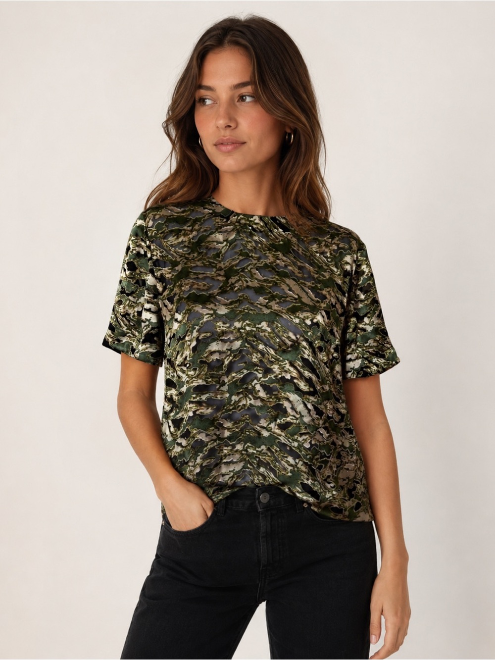 Rag & Bone Gia Camouflage-print Devoré-satin Silk Top In Green Multi size XS